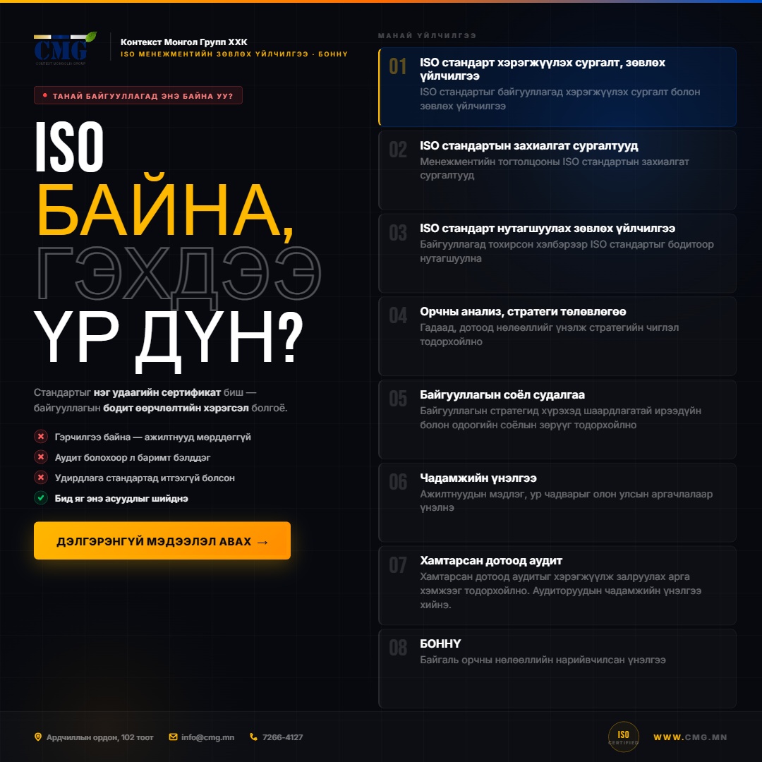 ISO стандарт хэрэгжүүлэх сургалт зөвлөх үйлчилгээ Контекст Монгол Групп ХХК